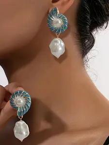 Fashion Simple 3D Snail Artificial Pearl Earrings, Geometric Dangle Earrings for Daily Wear and Parties, Stylish Jewelry Accessories