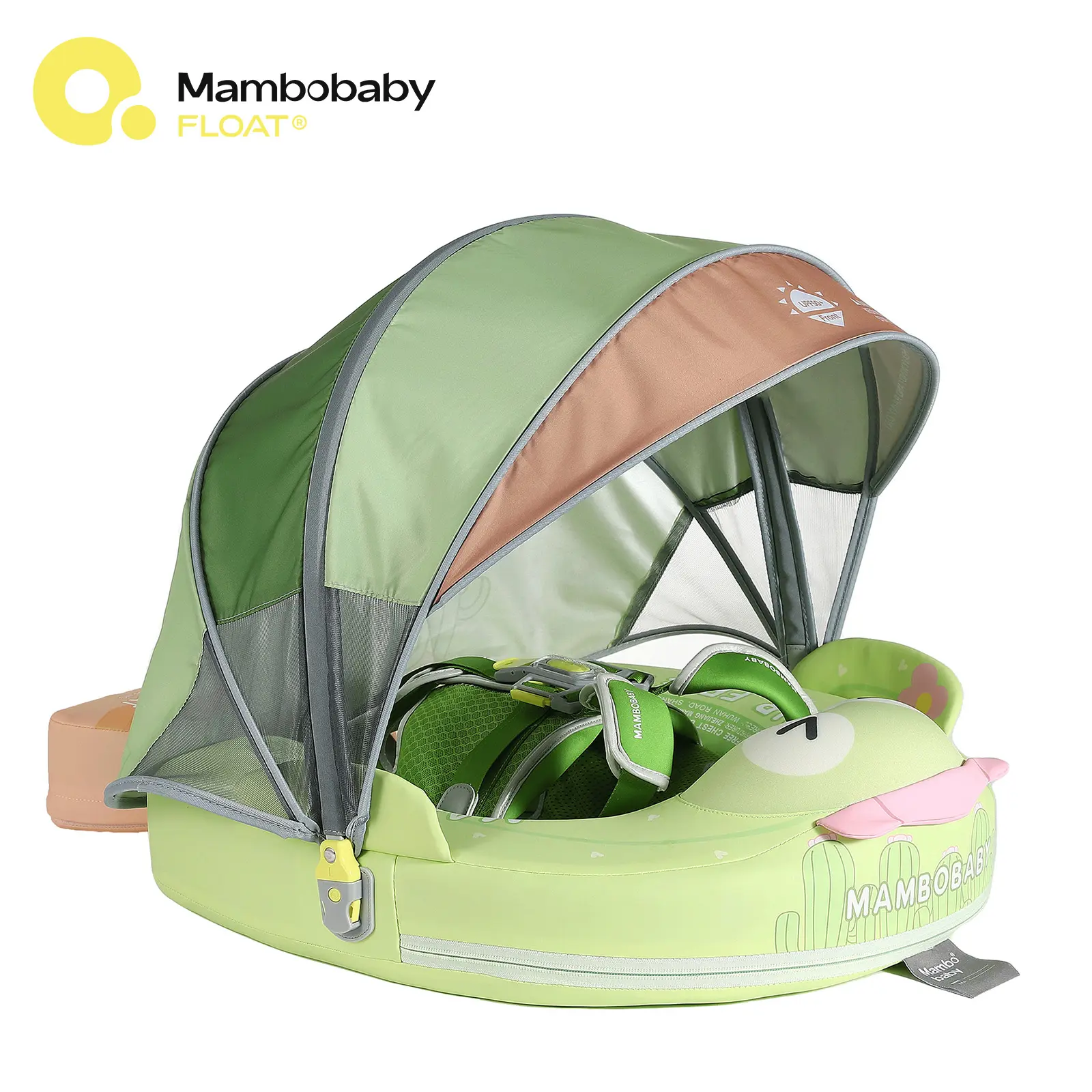 Mambobaby Non-Inflatable Cactus Baby Swim Float with Detachable Canopy, UPF 50+ Sun Protection, 5-Point Safety System, for Babies 3-24 Months