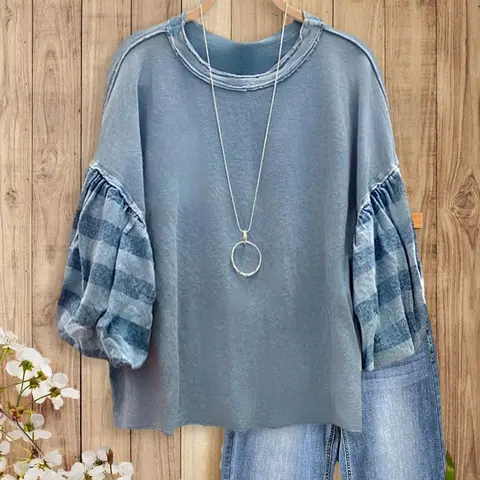 SageVell Women's Tops - Retro Chic Vintage Wash Blue Striped Cotton Fabric Oversized Length Blouse, Round Neck, Puff Sleeves, Cozy Cover, Cooler Outdoor Wear, Effortless Casual Fit, 2xl