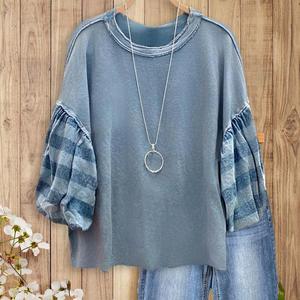 SageVell Vintage Wash Blue Sweatshirt Oversized Top Striped Puff Sleeve Shirt for Effortless Casual Chic Style Outdoorfun Fit Womenswear Round Neck Cotton
