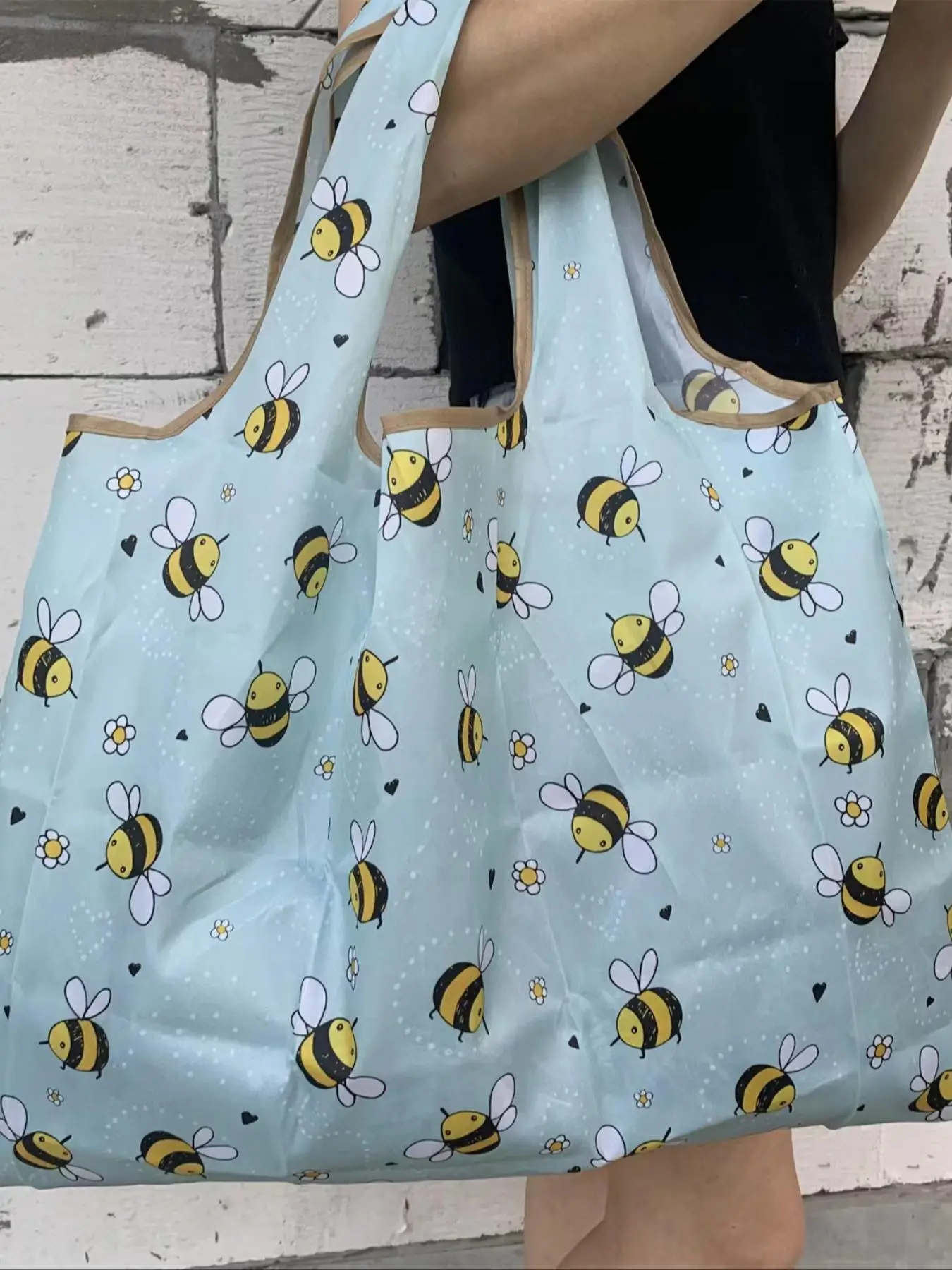 Women's Portable Cute Bee Print Tote Bag, Large Capacity Foldable Shopping Bag for Daily Used, Lightweight Matching Shoulder Bag, Women Handbags