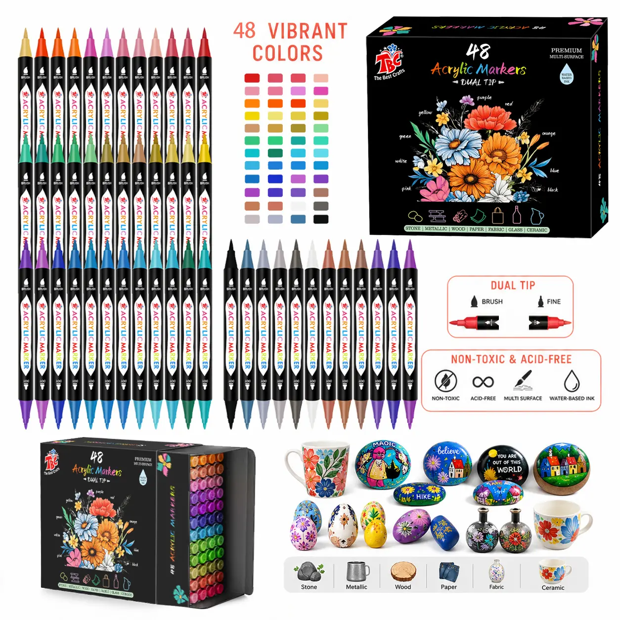 TBC The Best Crafts 48-Colors Dual Tip Acrylic Paint Markers, Brush & Fine Tip, Waterproof Non Toxic Paint Pens for Rock Wood Glass Canvas DIY Crafts Art Supplies