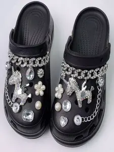 New 16pcs Hole Shoe Decoration Accessories Chain Small Horse Set Silver Color Rhinestone Chains, Detachable Hole Shoes Parts