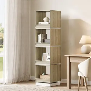 ModernMate 4-Tier Rotating Bookshelf Tower, 360° Spinning Wood Narrow Tall Book Shelf Organizer, Modern Geometric Storage for Sapce Saving, Revolving Bookcase for Living Room, Bedroom, Home Office