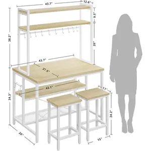 IRONCK Kitchen Island with Stools, Dining Table Set with Storage and Power Outlet, Industrial Coffee Bar Table for Kitchen Dining Living Room, 10 Hooks (Natural Wood)