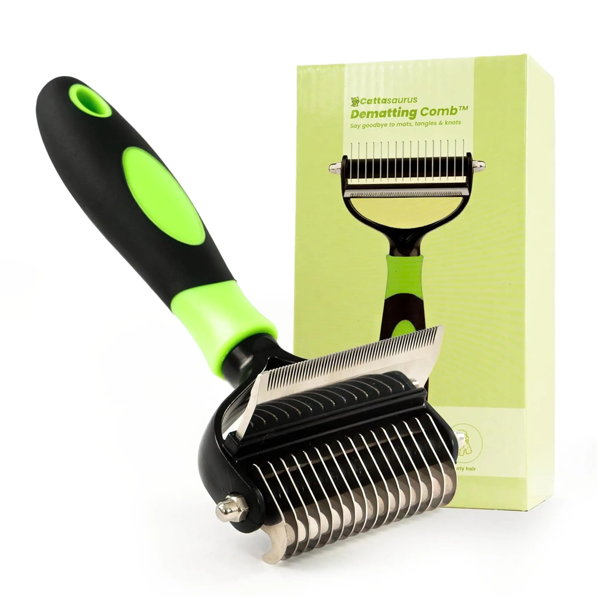 CATTASAURUS Cats & Dogs Grooming Brush for Shedding - 2 in 1 Deshedding Tool and Undercoat Rake for Long and Short Haired Dogs with Double Coat - Dematting Comb and Pet Hair Deshedder Supplies