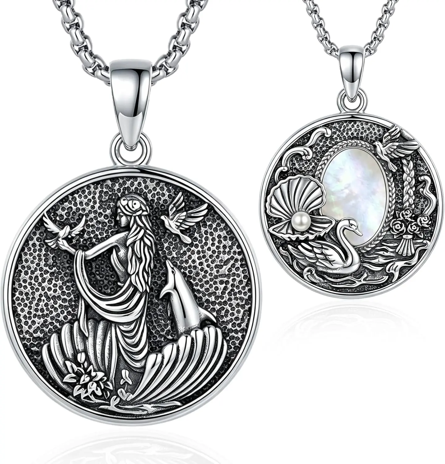 DRINSPER Aphrodite Goddess Necklace for Women, Greek Mythology Love Beauty Symbol Pendant with Mermaid Ocean Shell Swan Pearl Design, 925 Sterling Silver Coin Jewelry, Vintage Boho Statement Necklace Gift for Women