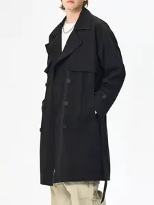 Men's Double-Breasted Trench Coat - Plain, Casual Menswear Jacket with Basic Polyester Fabric, Pocket, Full Sizes and Plus Sizes