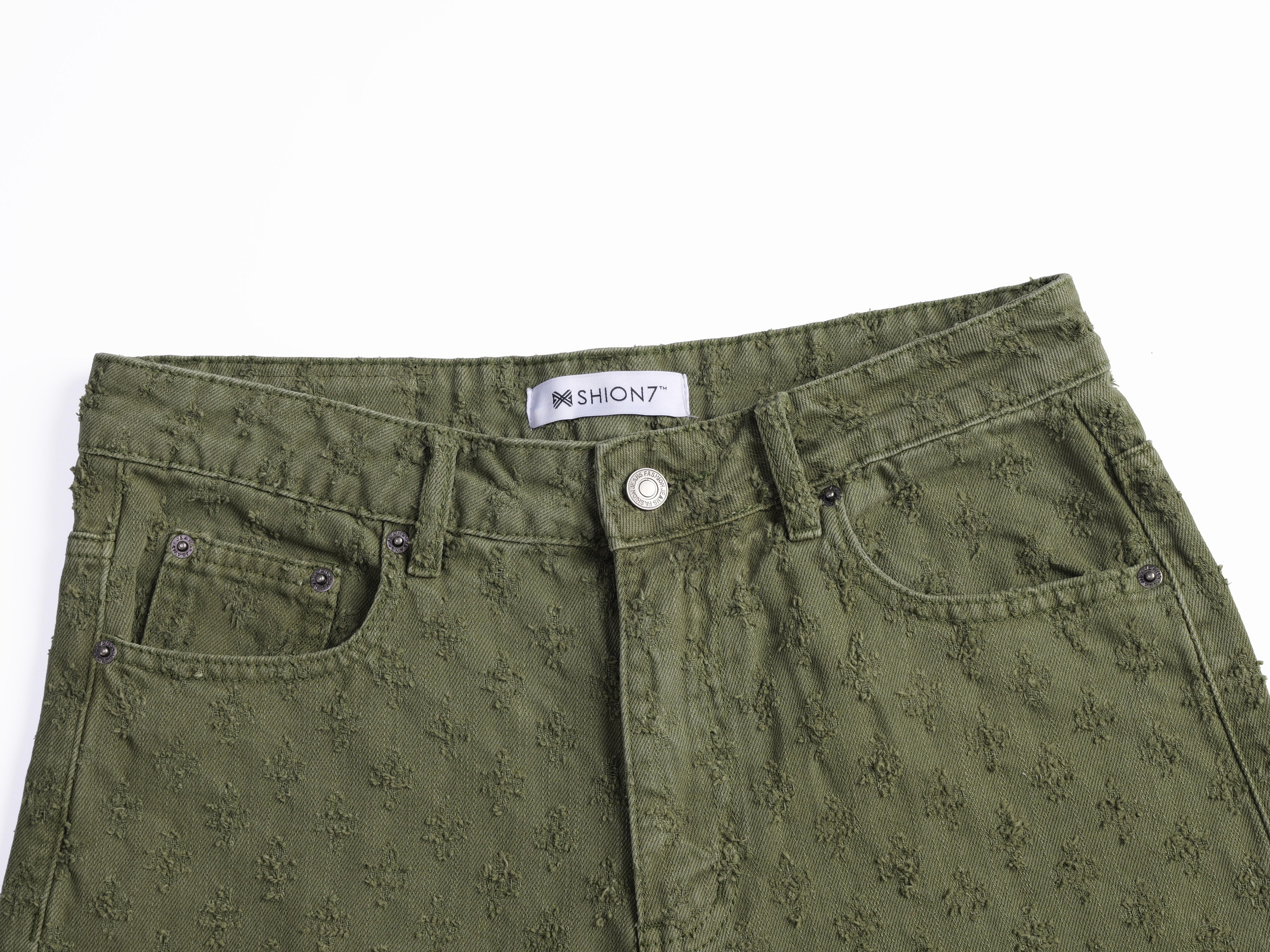 Green Distressed Denim Shorts For Men, Loosen Fit Mid Rise Summer Fashion Bottoms