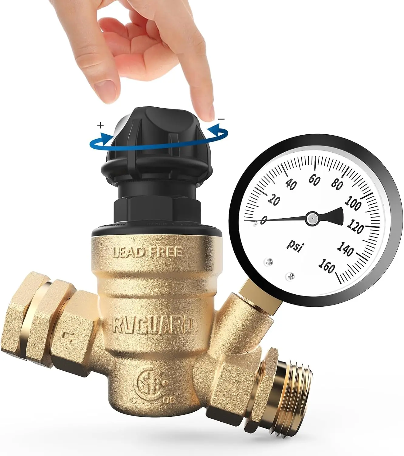 RV Water Pressure Regulator Valve with Adjustable Knob, CSA Approved Lead-Free Brass, Tool-Free, 45 PSI Water Pressure Reducer with Gauge, Inlet Screen Filter, 3/4" Garden Hose Threads for RV Campers, Travel Trailers