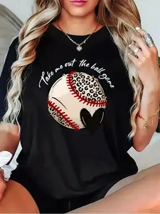 Women's Take Me Out to the Ball Game Baseball & Heart Print T-Shirt - Casual Short Sleeve Round Neck Tee with Leopard Baseball Graphic, Black/Grey/White/Dark Red, Fan Apparel