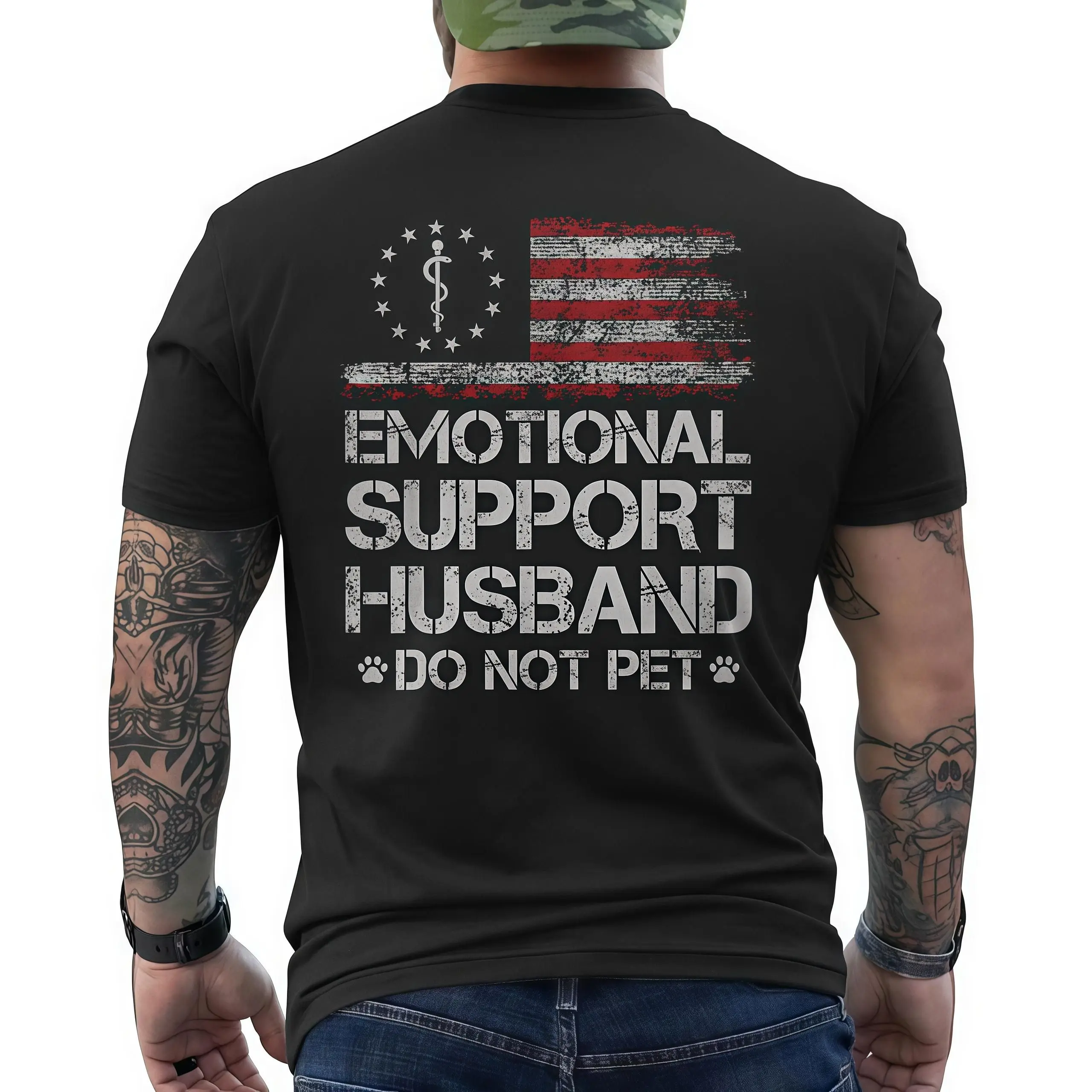 Emotional Support Husband T-Shirt, Patriotic Flag Humor Graphic, Funny Marriage Casual Wear, Soft Cotton, Made In USA, For Youth & Adult
