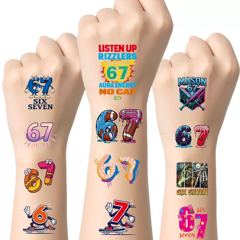 40PCS 67 Meme Temporary Tattoos Unique Designs for Kids Party Supplies Colorful 67 Stickers Back To School Gift Waterproof Non Toxic Safe Materials Easy Application