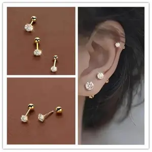 Piercing Earring 18K Gold Plated Three Pairs Stainless Steel Stud Earrings Set For Women | Hypoallergenic 6 Premium Cubic Zirconia Studs