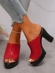 Women's Comfortable Chunky Heel Slip-On Shoes, Durable PU & Rubber Material, Stylish Plain Design, Perfect for Daily Wear