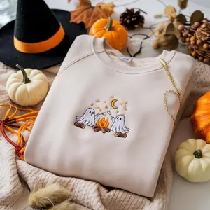 Cute Ghosts Camping Embroidered Sweatshirt, Spooky Season Outdoors Gifts, Halloween Vintage Embroidery Tshirt