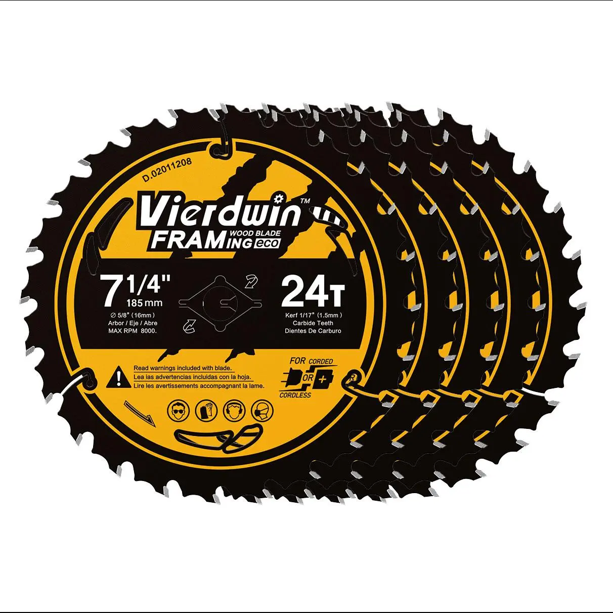 VIERDWIN 7-1/4'' Woodworking Circular Saw Blade 5-Pack 5/8'' Arbor 24T ATB Thin & Lightweight for Cordless Saws – Clean, Smooth Cuts in Hardwood and Softwood