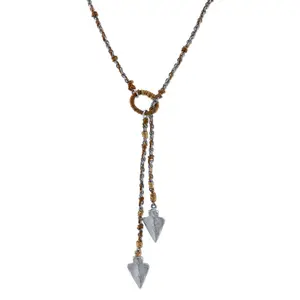 T.R.U. Boho Jewelry Pewter-Tone Double Arrowhead Waxed Linen Wrapped Lariat Necklace 42"
