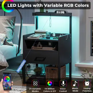 LED Nightstand with Charging Station Black