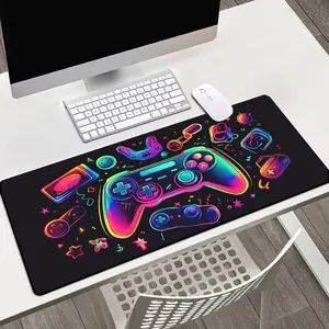 Neon Game Controllers Extended Mouse Pad | Retro Rainbow Gaming Desk Mat, Non-Slip Large Gaming Pad for E-Sports & Gamer Home Office Decor Desktop Accessory #NeonGamingControllersDeskPad #RetroRainbowMat #GamerHomeDecor #GamingMousePad #EsportsAesthetic