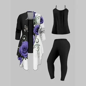 【3-Piece Plus Size Outfit】Black Ombre Cardigan + Cami + Leggings Set  Flattering & Comfy for Curves