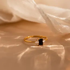 Black Baguette Diamond Ring by Caitlyn Minimalist - Vintage Black Diamond Cocktail Ring in Gold - Art Deco Jewelry - Gift for Her