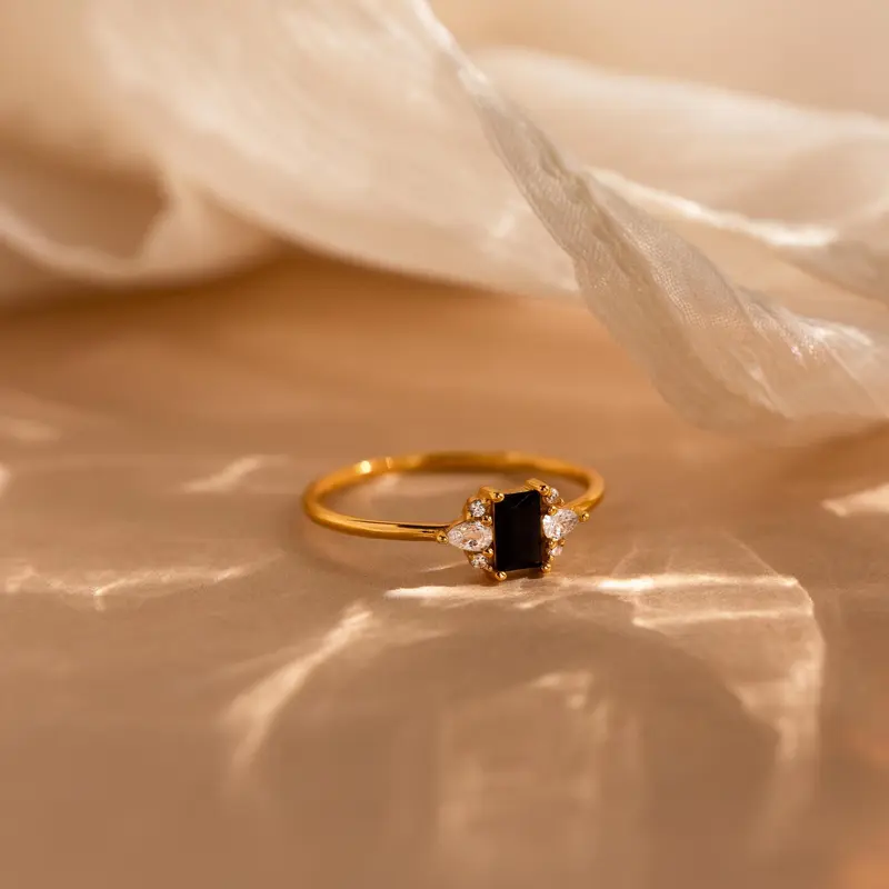 Black Baguette Diamond Ring by Caitlyn Minimalist - Vintage Black Diamond Cocktail Ring in Gold - Art Deco Jewelry - Gift for Her
