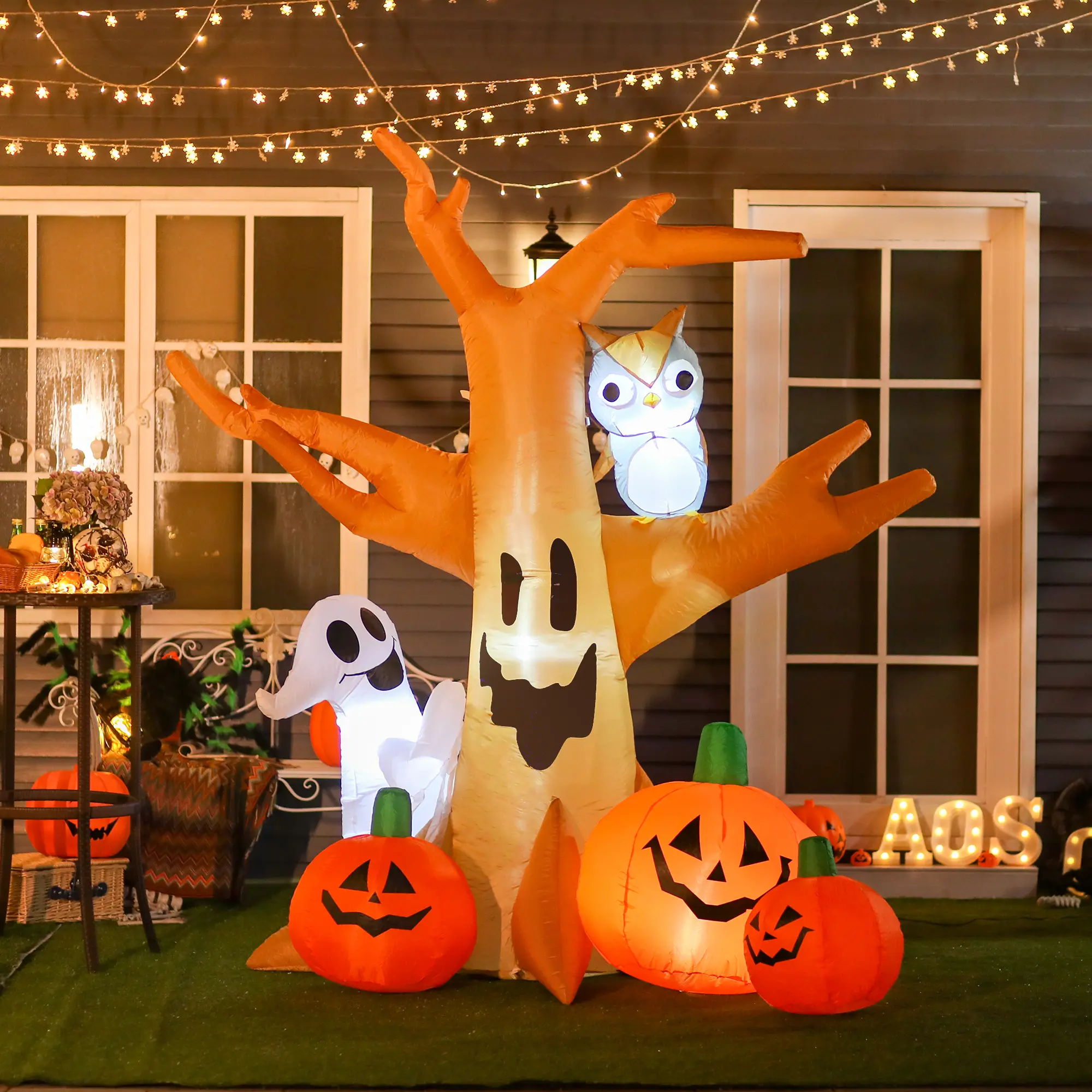 HOMCOM 7.5' Tall Lighted Airblown Inflatable Halloween Decoration, Haunted Tree With Owl, Ghost, Pumpkins Indoor Outdoor for Garden, Lawn, Party, Holiday