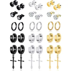 15 Pairs Stainless Steel Cross Dangle Hinged Earrings Hoop Earrings  Men Women