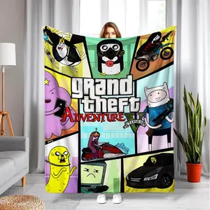 Grand Theft Adventure Time Mashup Collage Flannel Fleece Blanket Bold GTA Inspired Grid Design Featuring Finn Jake Game Elements Perfect for Fans of Both Cartoon & Gaming Franchise