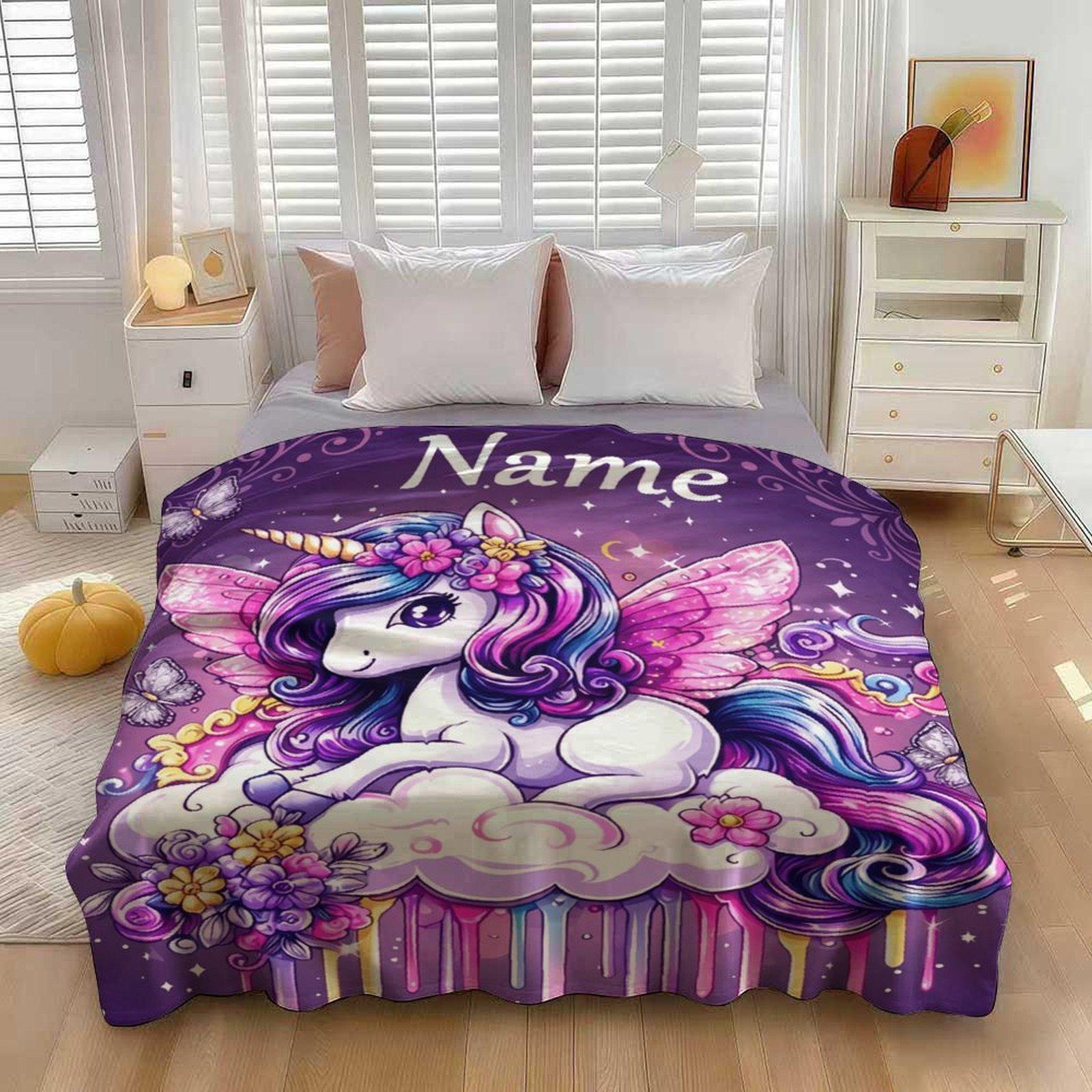 Custom Pink Unicorn Flannel Blanket ,Personalized Name Gift ,Suit for The Sofa, Bed, Travel, Camping, Living Room, Office, Chair，Gifts for Family or Child  ,Friend , Send your custom text via shop chat to personalize