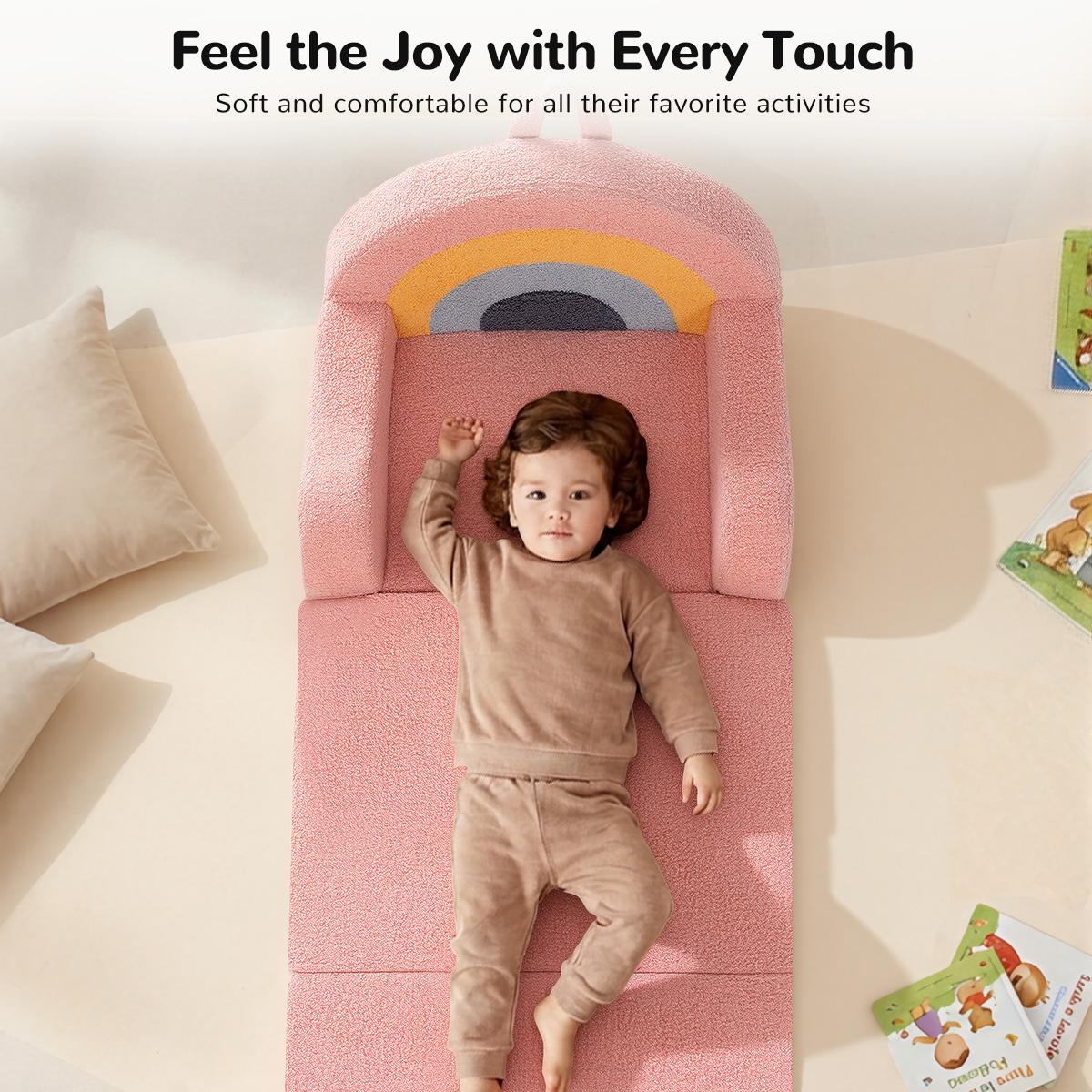 COMOMY Toddler Couch, 2 in 1 Kids Couch, Foldable Baby Soft Couch Chair for Boys and Girls Gift, Convertible Sofa to Lounger- Ideal for Napping, Reading, and Playing, Rainbow, Pink