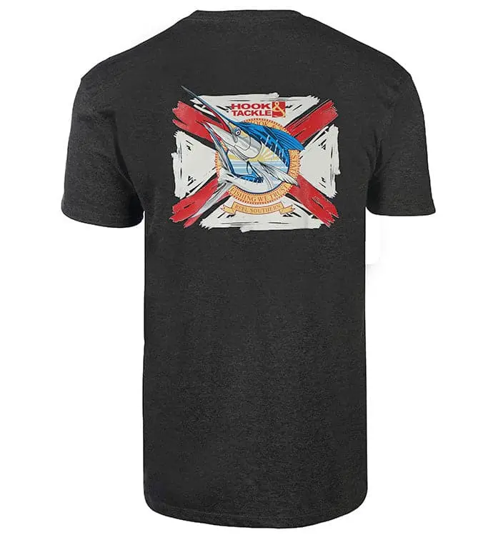 Men's Graphic T-Shirt with Florida Flag Marlin Print, Soft Cotton Blend Round Neck Top for Casual & Fishing Wear, Durable Feel, Celadon, Char Heather, Feel & Durability