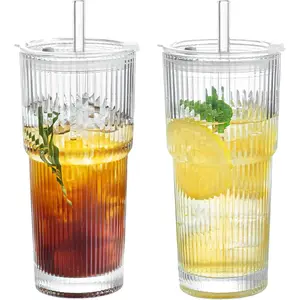 2 Pack 20oz Glass Cups with Lids and Straws,  Ribbed Glassware for   , Mason Jar Drinking Glasses Tumbler Iced Coffee Cup