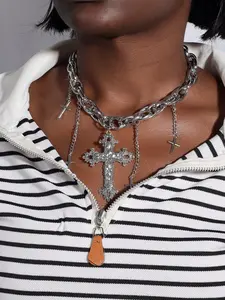Women's Punk Style Alloy Material Thicken Chain Multilayer Cross Necklace, Casual All-Season Accessory for Daily Wear