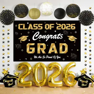 Black and  Graduation Decorations 2026, Class of 2026 Party Supplies - Lanterns, Fans, Backdrop, 32" Balloons, Grad Cap Balloons &  Garlands for High School College Congrats Grad Decor