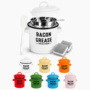 Bacon Grease Container with Strainer 46oz Enamel Grease Storage Can with Lid Dishwasher Safe Kitchen Oil Container for Cooking Bacon Grease Keeper with Spatula and Cleaning Sponges Retro Farmhouse Kitchen Essential Utensils bbq