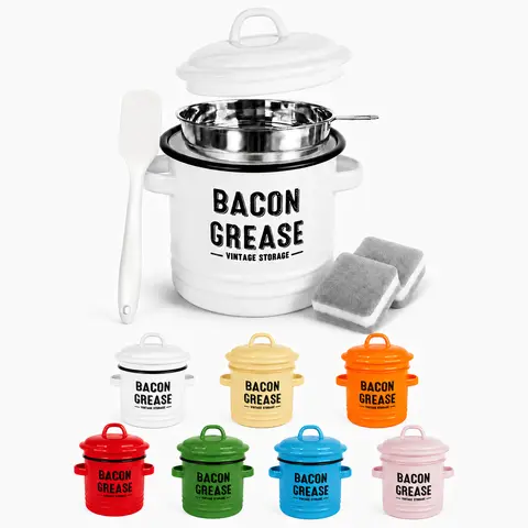 46oz Enamel Bacon Grease Container with Stainless Steel Strainer, Fine Mesh Traps Crumbs, Lid & Spatula, Dishwasher Safe Retro Farmhouse Kitchen Oil Storage Can with Cleaning Sponges, Oil Bottles for Kitchen Essential White