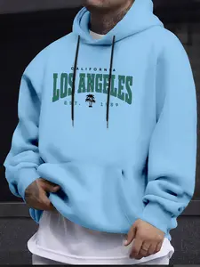 Men's Casual Hooded Sweatshirt, Graphic Print Hoodie with Kangaroo Pocket, Drawstring Hood, Los Angeles Letter Coconut Tree Print, Ideal Gift