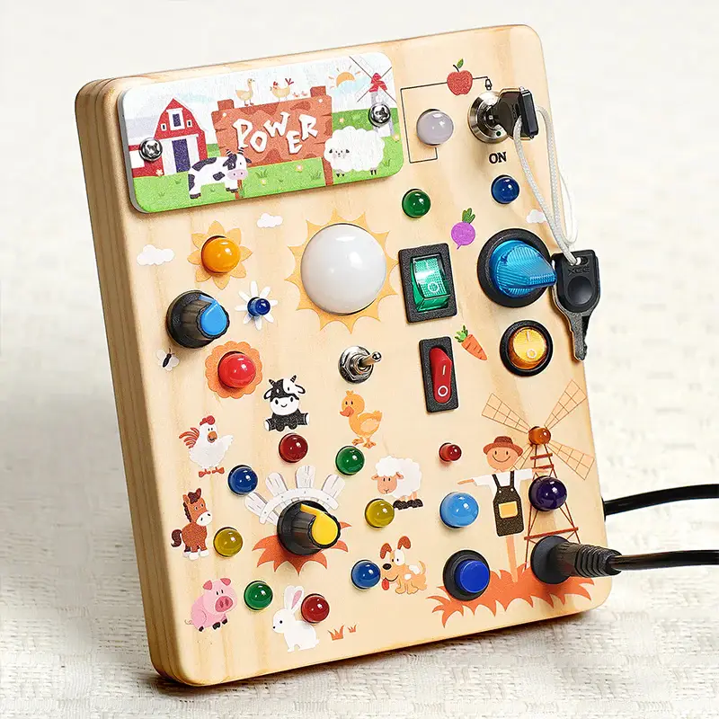 Joyreal Montessori Sensory Toys, Square-Shaped Wooden Busy Board with LED Light Up Switches, Portable Learning Kids Toys,Christmas Gifts Ideas