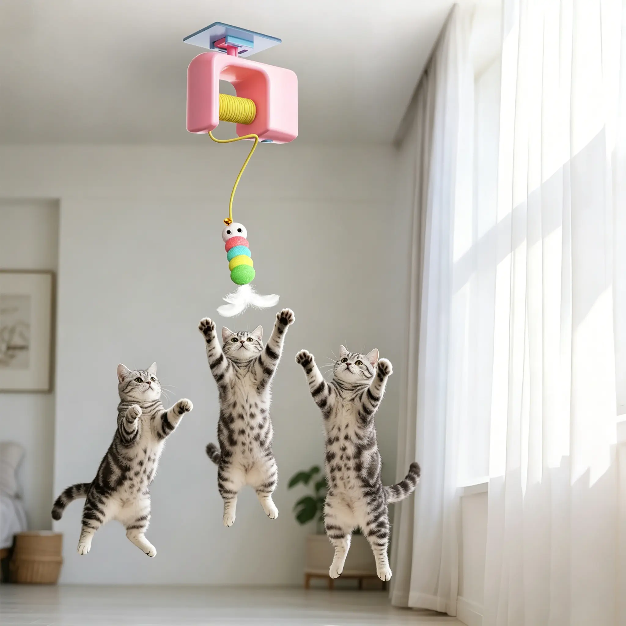 Interactive Hanging Automatic Cat Toys for Indoor Cats, Realistic Bird Feather Cat Toy with Catnip, Self Play Door Frame Exercise Toy for Bored Adult Cats and kitten, Blue & Pink teaser