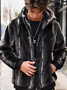 Men's Winter Fashion Fleece Jacket Trendy LeopardPrint Double-Sided Warm Coat Stylish Hooded Outerwear for Autumn & Winter