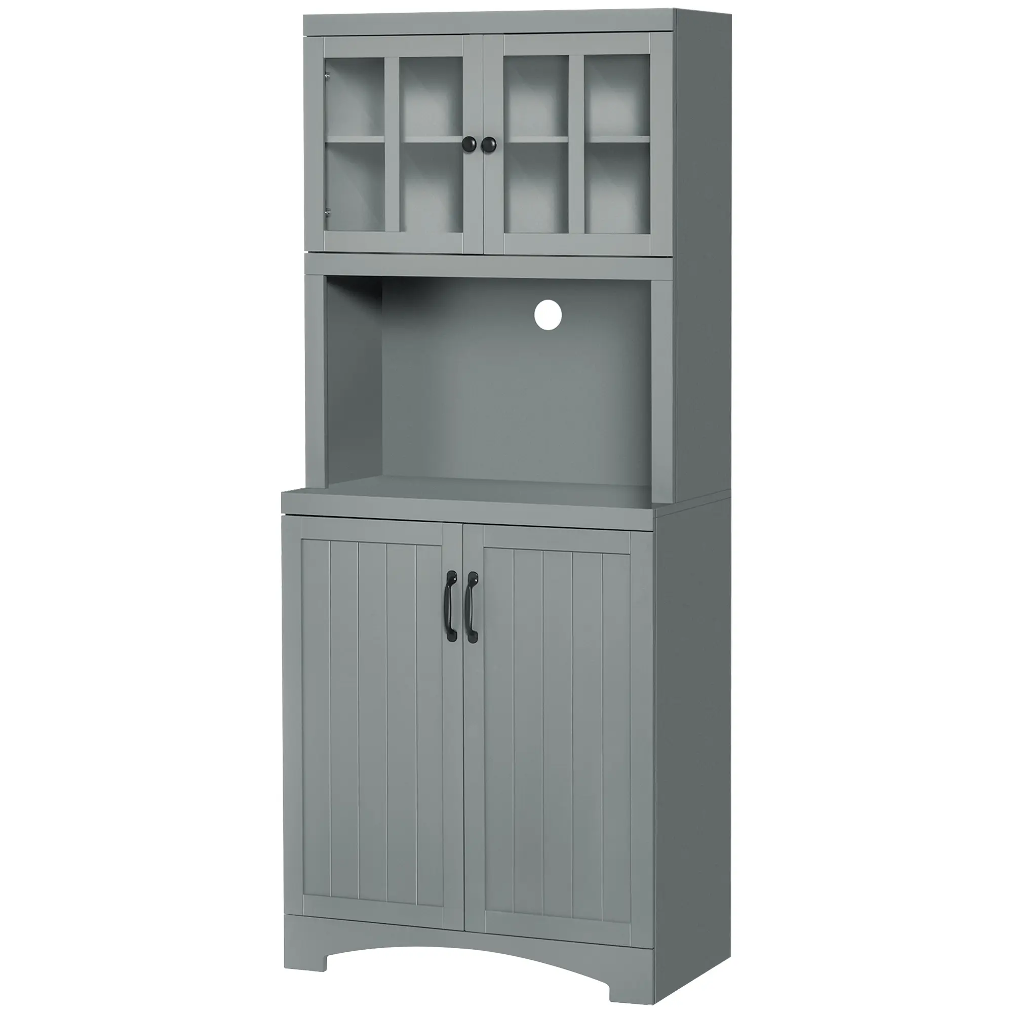 Gray Tall Pantry Cabinet 70“ with Glass Door & Adjustable Shelves, Freestanding Kitchen Storage Unit with Microwave Compartment, Farmhouse Cupboard for Dining Room Living Space, 28.75”x16.25“x70”, Cable Management, Anti-Tip, 66lbs Capacity