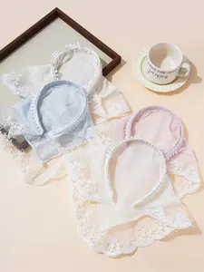 4-piece set of fabric mesh embroidered lace edge triangular scarves with women's solid color casual fashion sweet and versatile hair accessories fixed bangs, suitable for wearing on vacation and travel