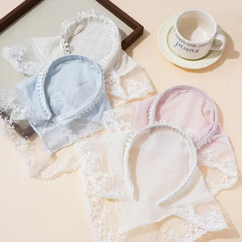 4-Piece Women's Solid Color Lace Trim Embroidered Mesh Headband, Casual Versatile Hair Accessories, Triangle Headscarf, Ideal for Vacation and Travel, Headband Accessory