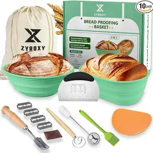 ZYROXY Premium Silicone Bread Proofing Basket Round & Oval Foldable Sourdough Starter Kit with Essential Tools Easy to Clean Bakeware Utensils Complete Sourdough Starter Set