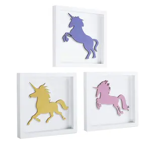 Unicorn Room Decor For Girls Bedroom Princess Room 3D Wooded Framed Wall Decorations Gifts For Girls Age 6-8, Toddler Room Unicorn Themed Table Sign Plaque Baby Nursery Wall Art Kids Birthday Favors Set Colorful
