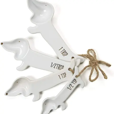 VOTUM White Ceramic Measuring Cups and Spoons Set - Dog Themed Kitchen Accessories with Spoon Rest Cute Dachshund Baking Supplies Dog Lover Gift