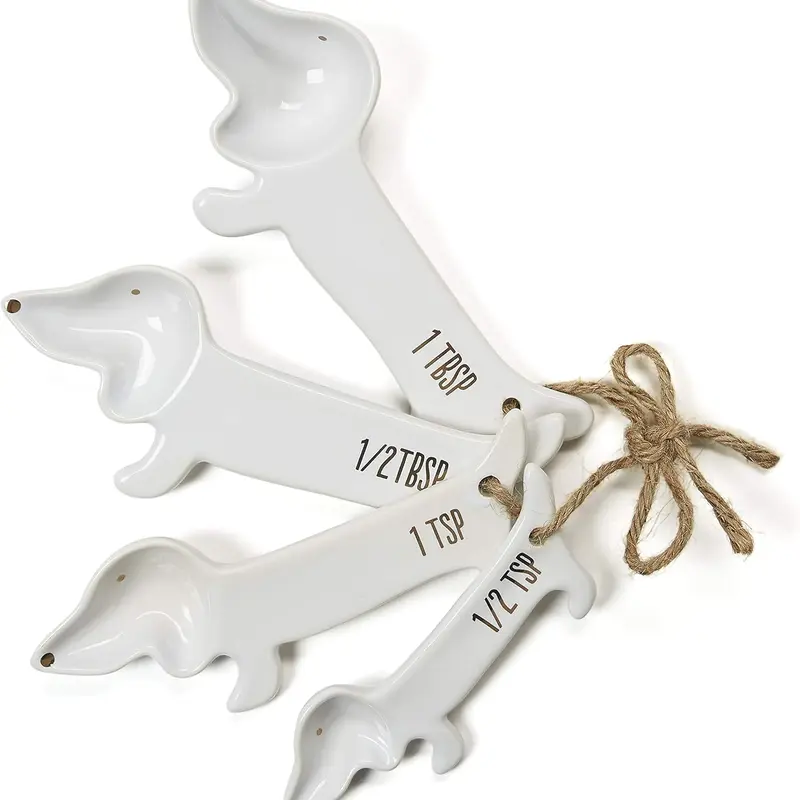 VOTUM White Ceramic Measuring Cups and Spoons Set - Dog Themed Kitchen Accessories with Spoon Rest Cute Dachshund Baking Supplies Dog Lover Gift