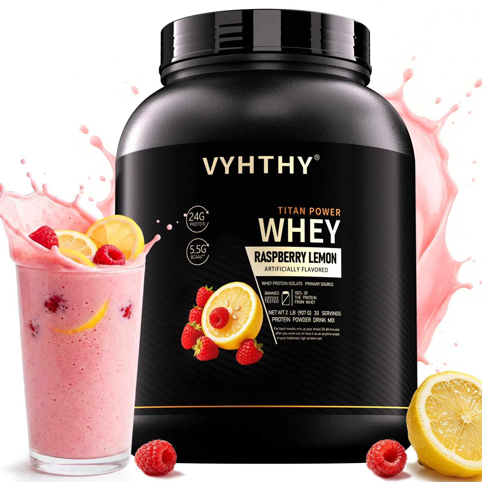 VYHTHY Whey Protein Powder - Raspberry Lemon Flavor, 24g Protein, 3.5g BCAAs, Sugar-Free, High-Quality Whey Isolate & Concentrate, Supports Muscle Growth & Recovery - Healthcare Fitness Supplement tiktokshopspringglowup